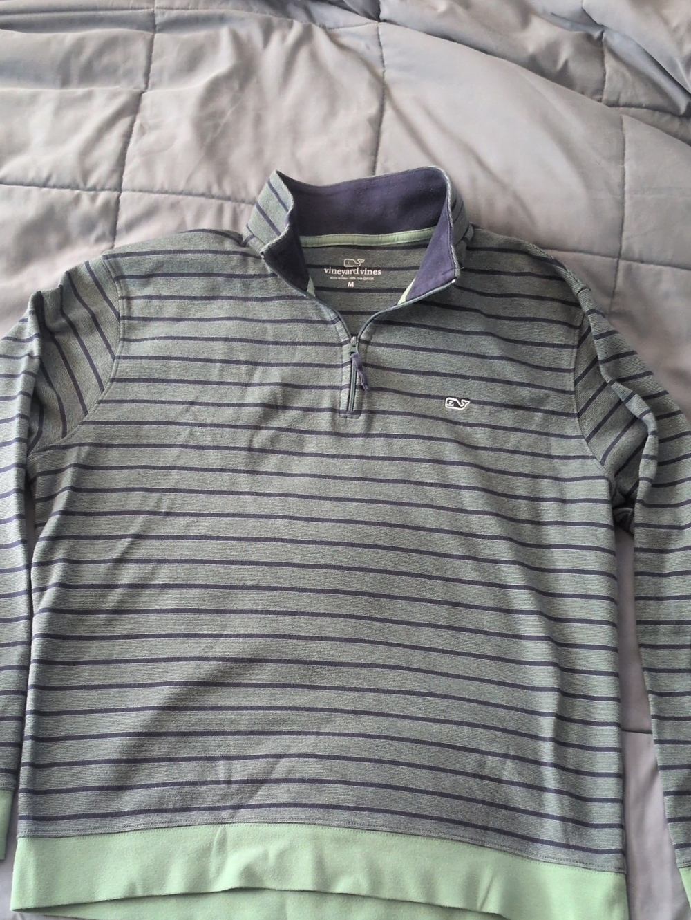 Vineyard Vines Green Striped Quarter-Zip Pullover with Navy Accents and Mint Hem